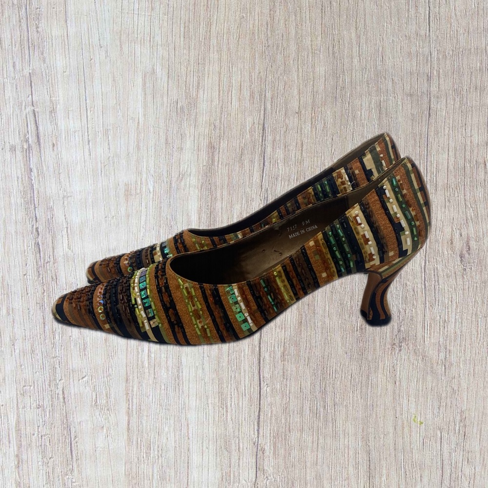 J. Renee Brown Beaded Snip Toe Kitten Heels